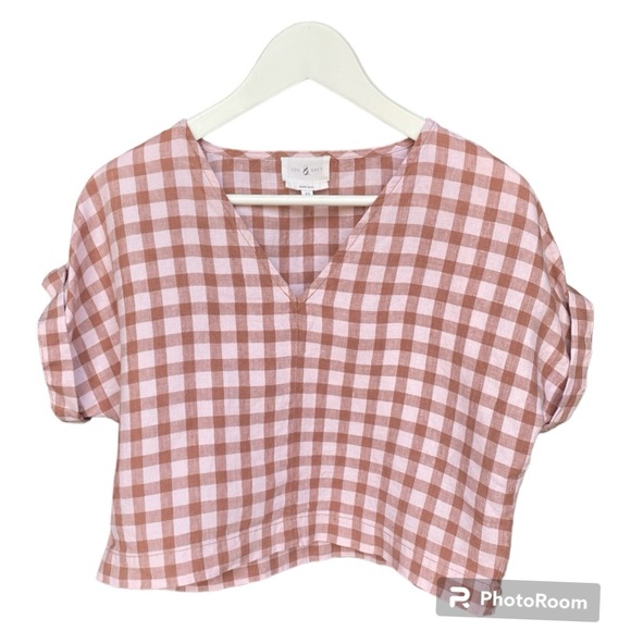LOU & GREY 100% Linen Cropped Gingham Top Size XS - Picture 2 of 8